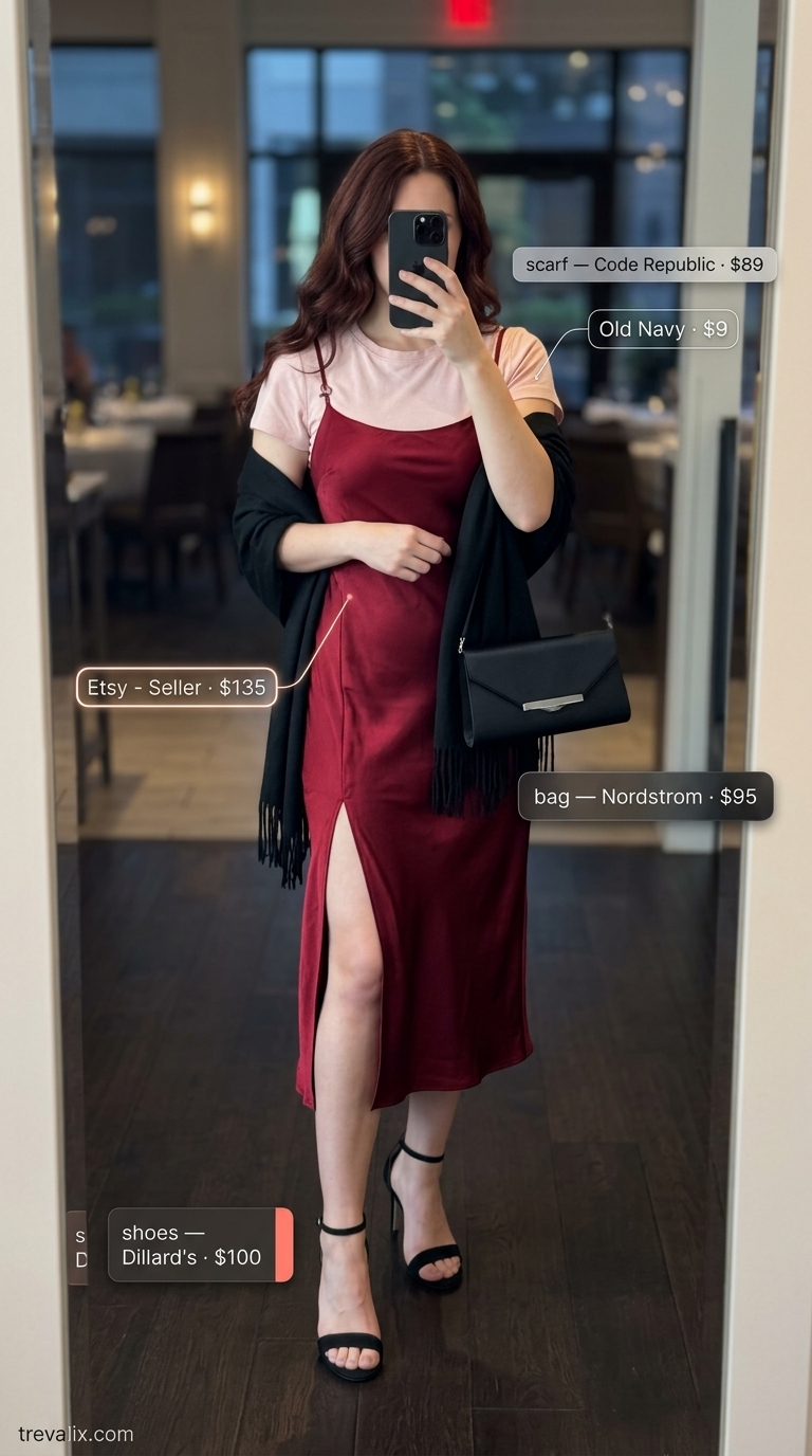 Wine red silk slip dress for outdoor summer date night outfits for women 2026. Fine dining elegance.
