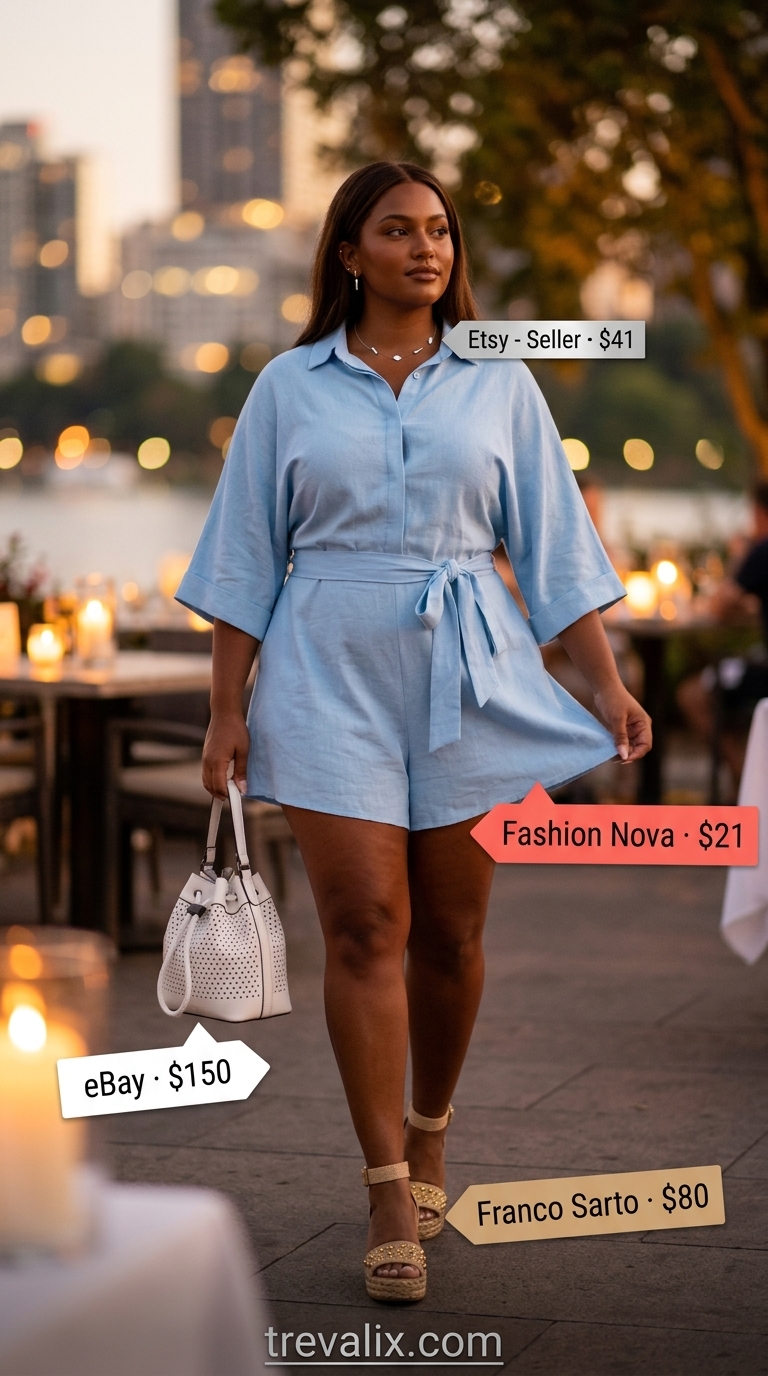 Outdoor summer date night outfits for women 2026: Sky blue romper, espadrilles & white bag for a fresh lakeside look.