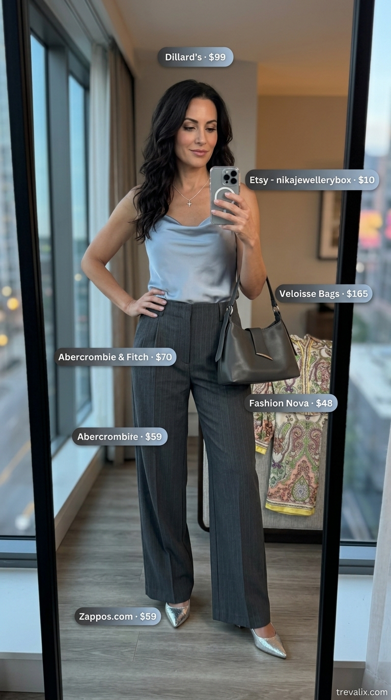 Sophisticated outdoor summer date night outfits for women 2026: charcoal grey linen pants, sky blue satin cami, silver heels.