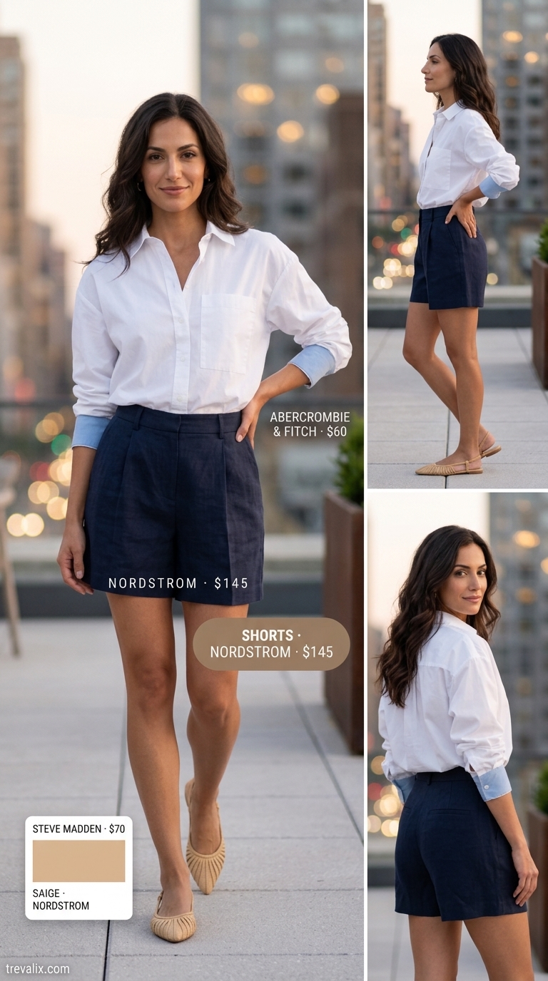 Navy blue tailored shorts and white oversized shirt for outdoor summer date night outfits for women 2026. Patio drinks style.