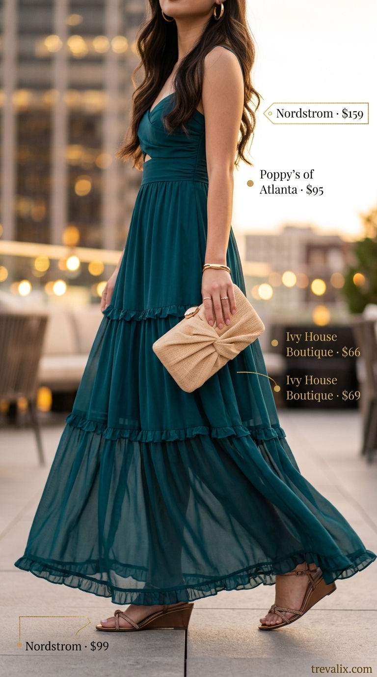 Outdoor summer date night outfits for women 2026: Deep teal maxi dress, bronze espadrilles & gold accessories for a beachside vibe.