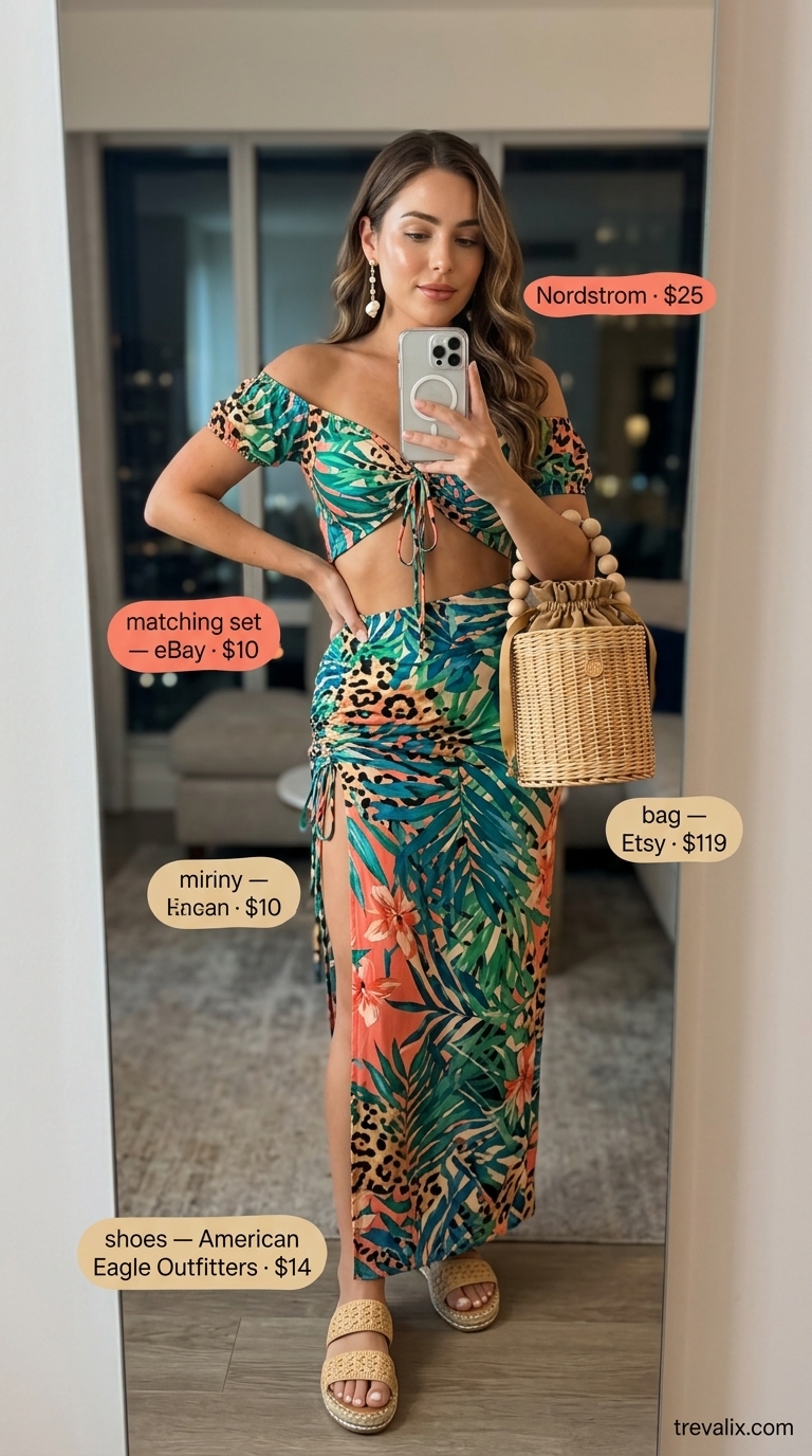 Vibrant outdoor summer date night outfits for women 2026: tropical floral matching set, straw bag.