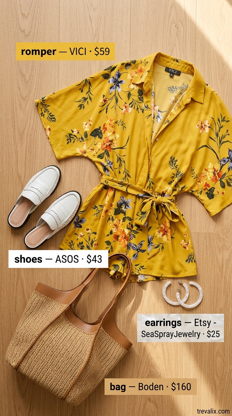Sunny yellow floral romper for outdoor summer date night outfits for women 2026. Garden date style.