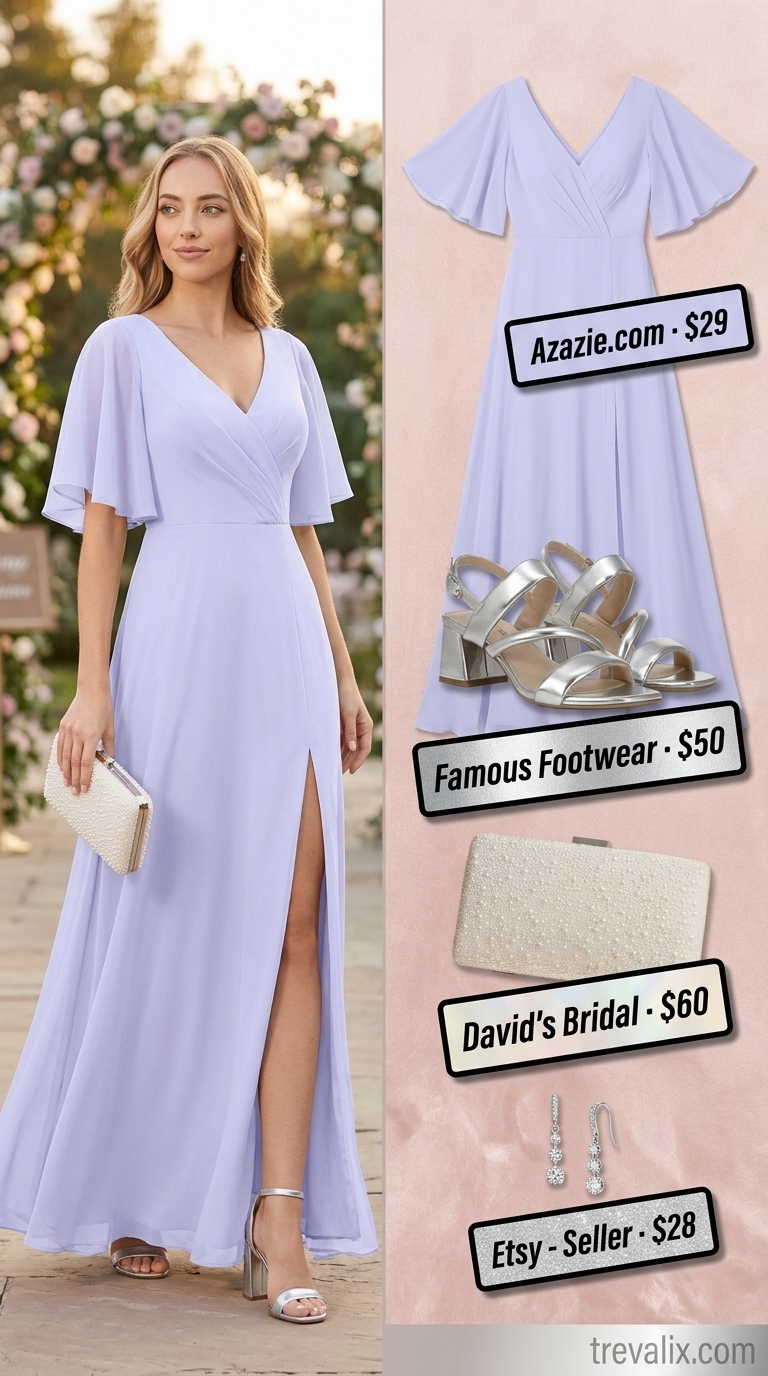 Lavender chiffon midi dress for pastel summer wedding guest outfits 2026, perfect for garden weddings.