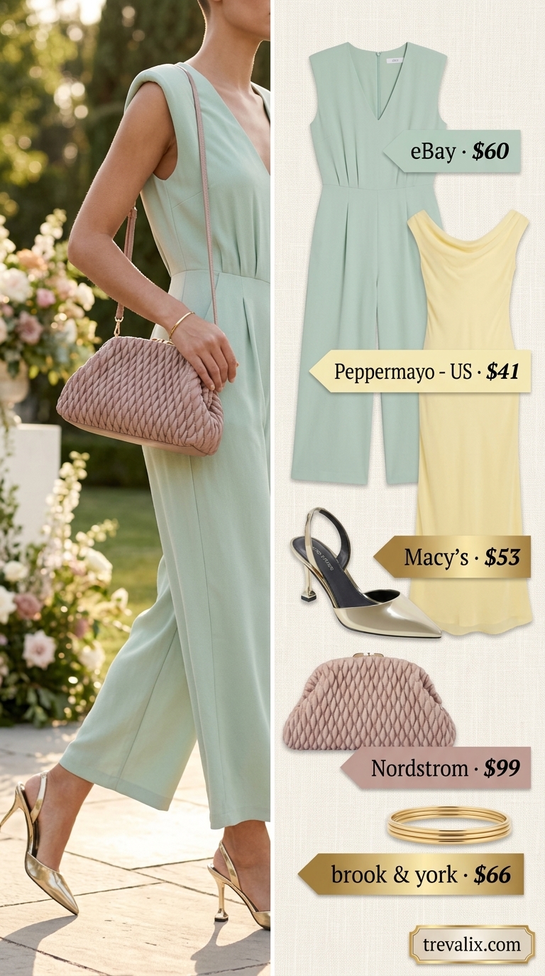 Mint green wide-leg jumpsuit for pastel summer wedding guest outfits 2026, ideal for city weddings.
