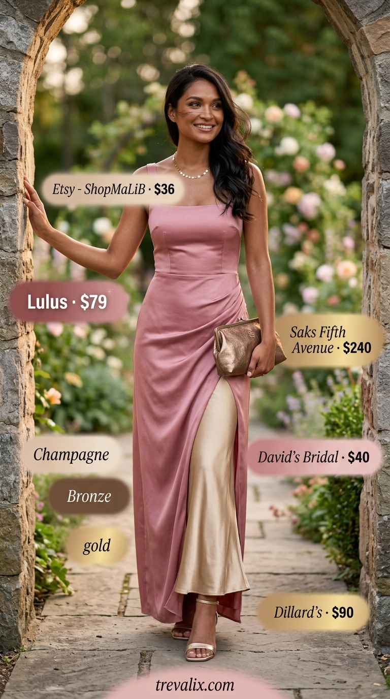 Peach satin slip dress for pastel summer wedding guest outfits 2026, perfect for evening ceremonies.