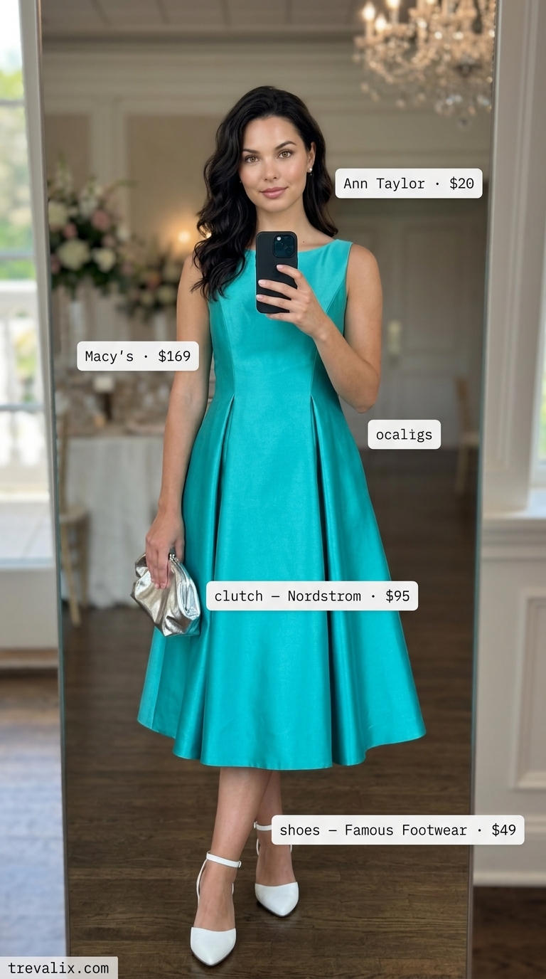 Aqua Breeze cocktail dress for pastel summer wedding guest outfits 2026. Features pale aqua satin dress, silver clutch, and white pumps.
