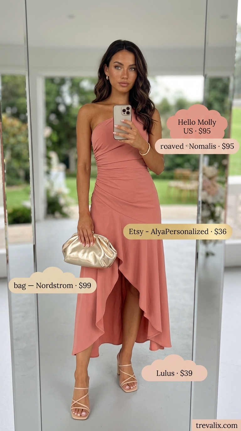 Coral Cascade midi dress for pastel summer wedding guest outfits 2026. Modern one-shoulder style in light coral with gold accents.