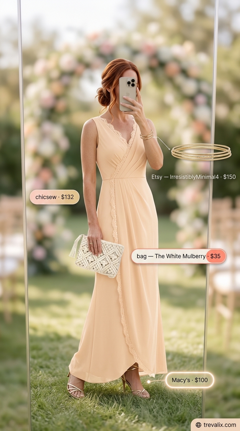 Golden Peach Sunset dress for pastel summer wedding guest outfits 2026. Bohemian soft peach lace and chiffon maxi.
