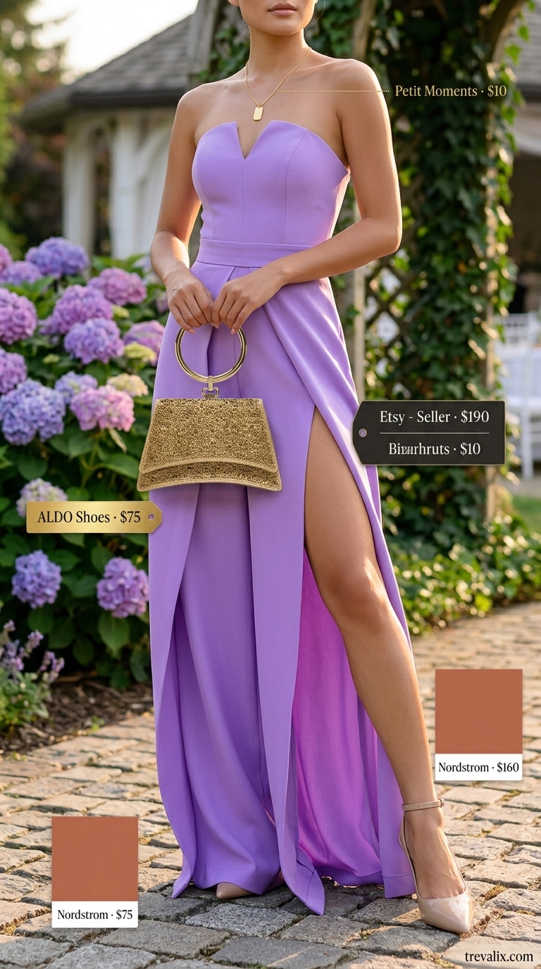 Lavender Luxe Statement jumpsuit for pastel summer wedding guest outfits 2026. Modern soft lavender wide-leg jumpsuit.