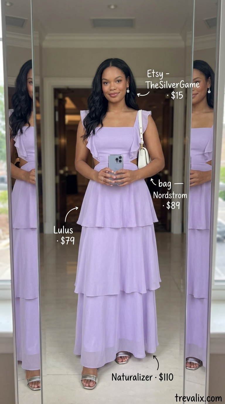 Lilac Ruffle Fantasy dress for pastel summer wedding guest outfits 2026. Whimsical light lilac tiered maxi dress with ruffles.