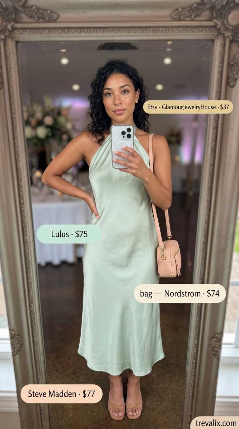 Sage Green Serenity dress for pastel summer wedding guest outfits 2026. Refined pale sage green halter neck midi dress.