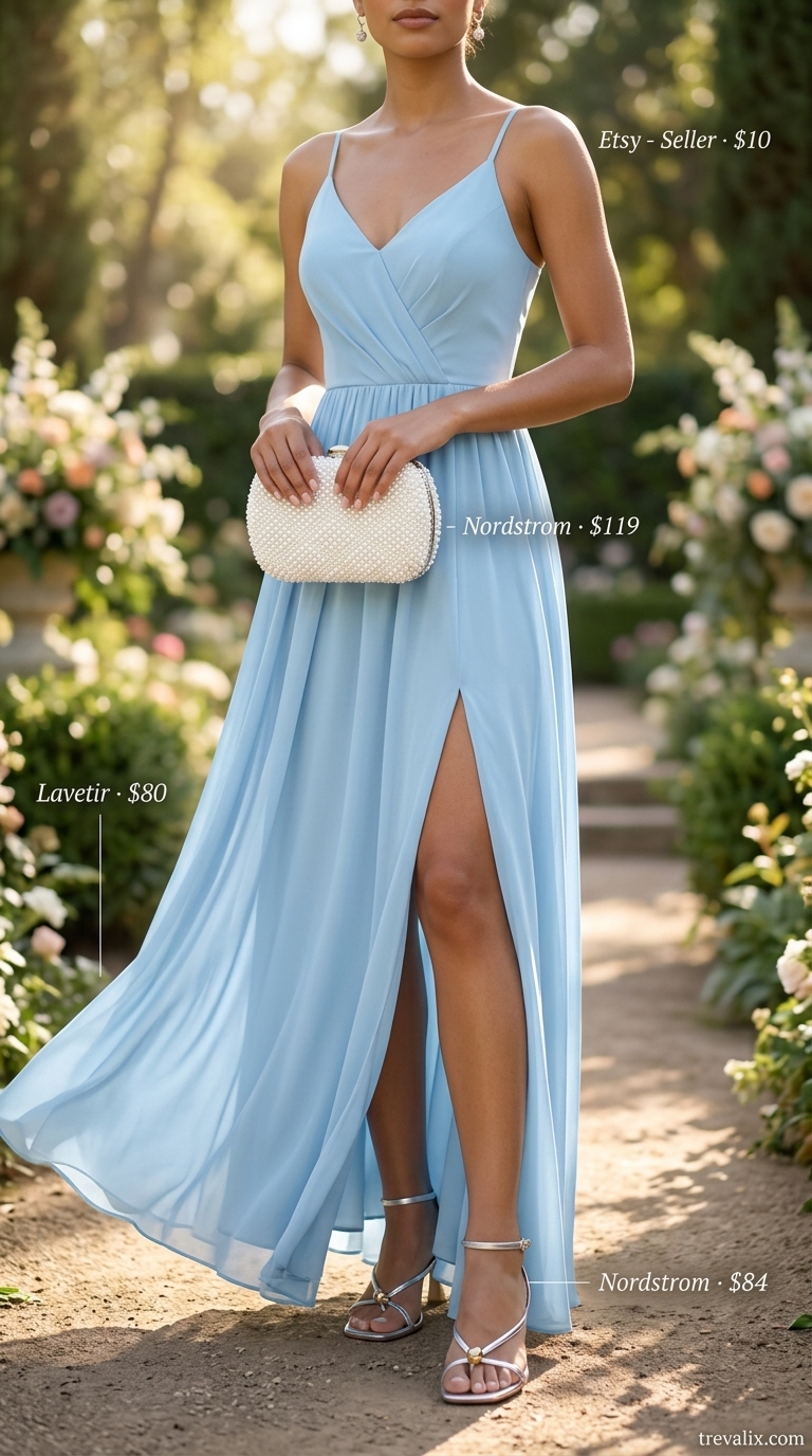 Whispering Sky Garden dress for pastel summer wedding guest outfits 2026. Romantic sky blue chiffon midi dress.