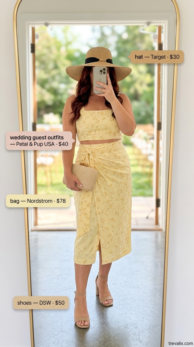Sunny Meadow Co-ord set for pastel summer wedding guest outfits 2026. Floral print crop top and tiered midi skirt.