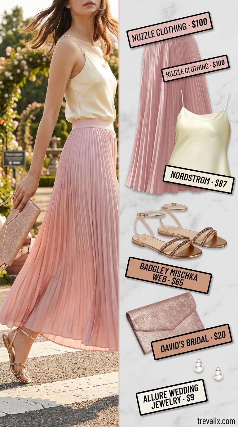 Pastel summer wedding guest outfit 2026: Blush pink maxi skirt with ivory camisole and rose gold accessories.