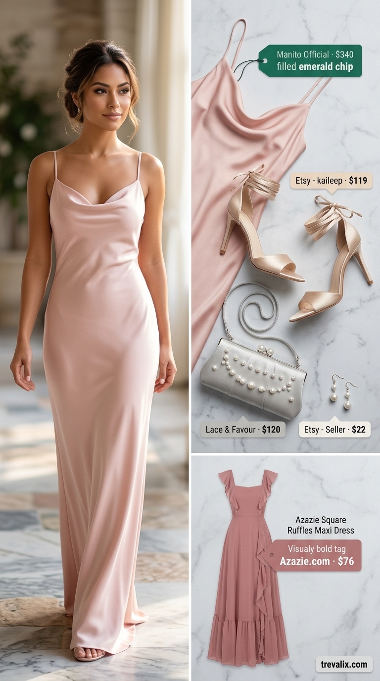 Pastel summer wedding guest outfit 2026: Blush pink silk slip dress with champagne heels for an evening event.
