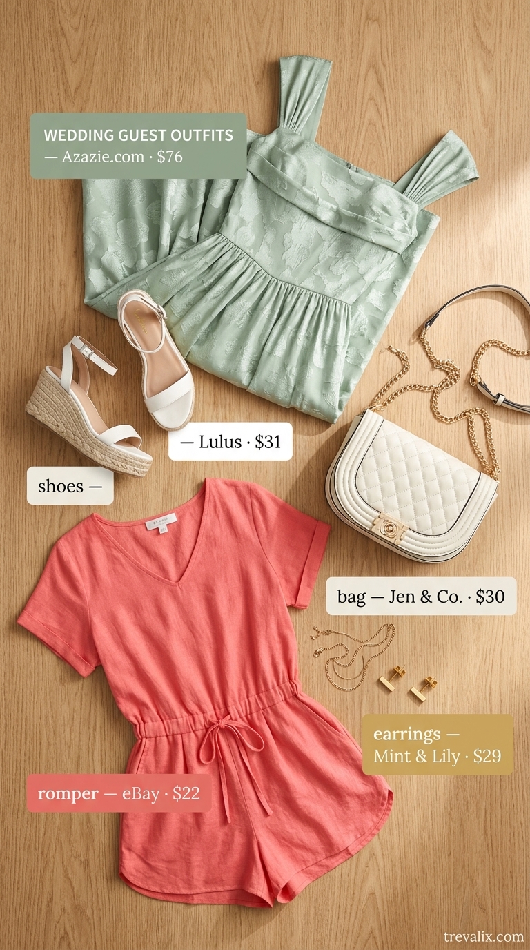Pastel summer wedding guest outfit 2026: Soft coral romper with white espadrilles and gold accessories.