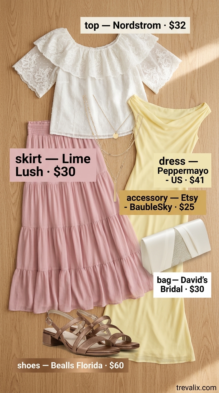 Pastel summer wedding guest outfit 2026: Dusty rose maxi skirt with ivory lace top and bronze sandals.