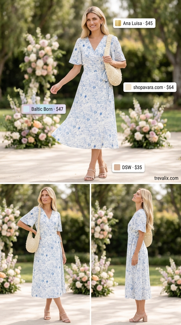 Pastel summer wedding guest outfit 2026: Light blue floral midi dress with nude sandals and straw clutch.