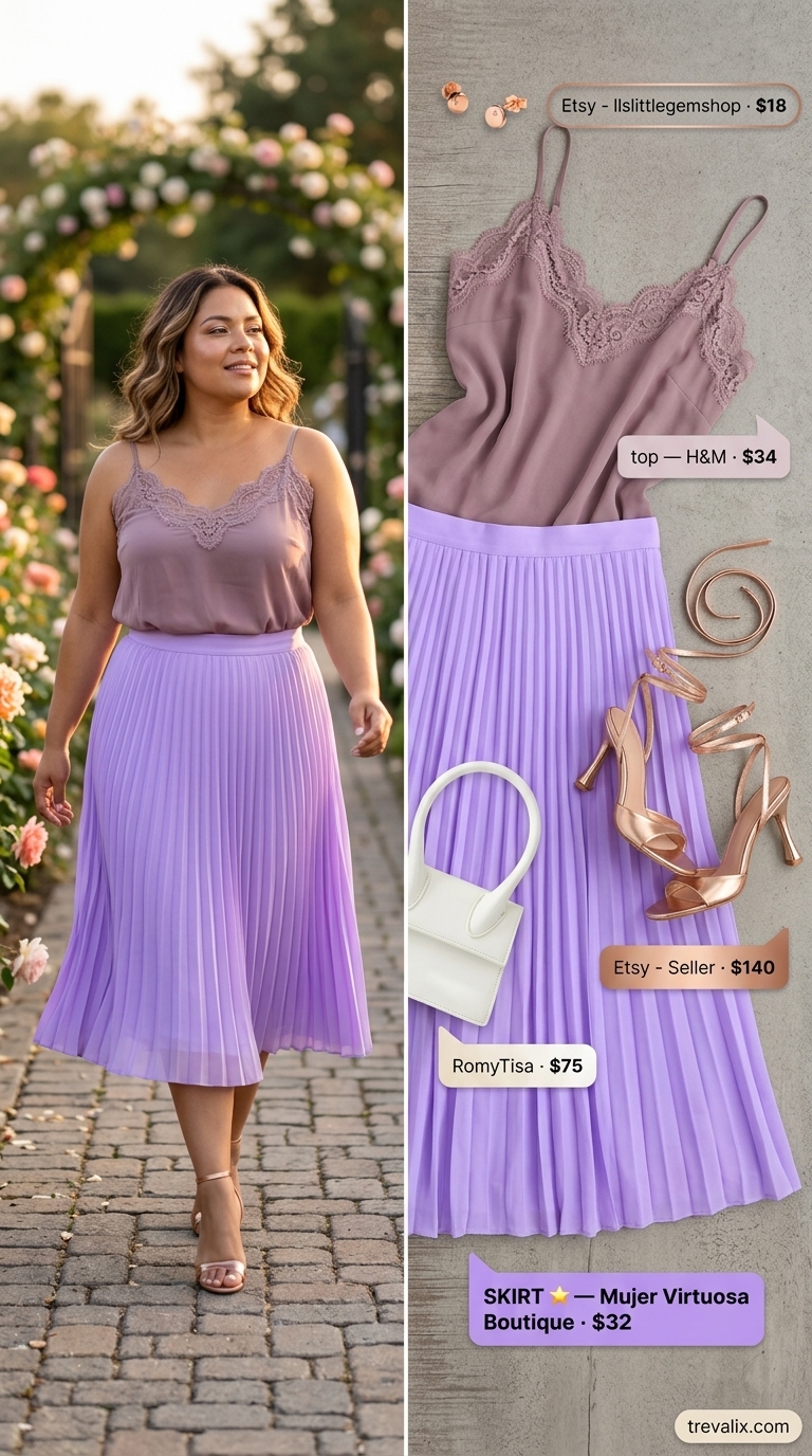 Pastel summer wedding guest outfit 2026: Lavender satin midi skirt with cream lace camisole and rose gold sandals.