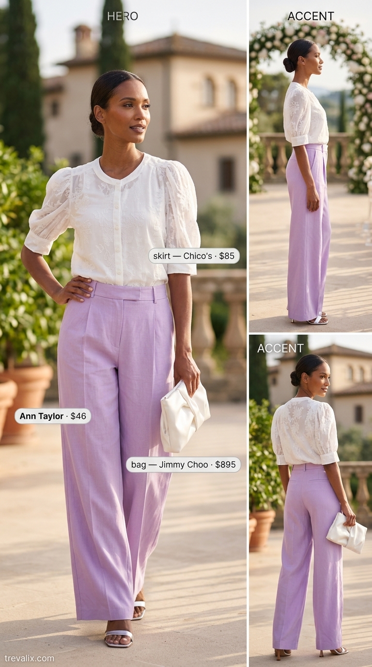 Pastel summer wedding guest outfit 2026: Lilac linen trousers with white blouse and silver sandals for a resort wedding.