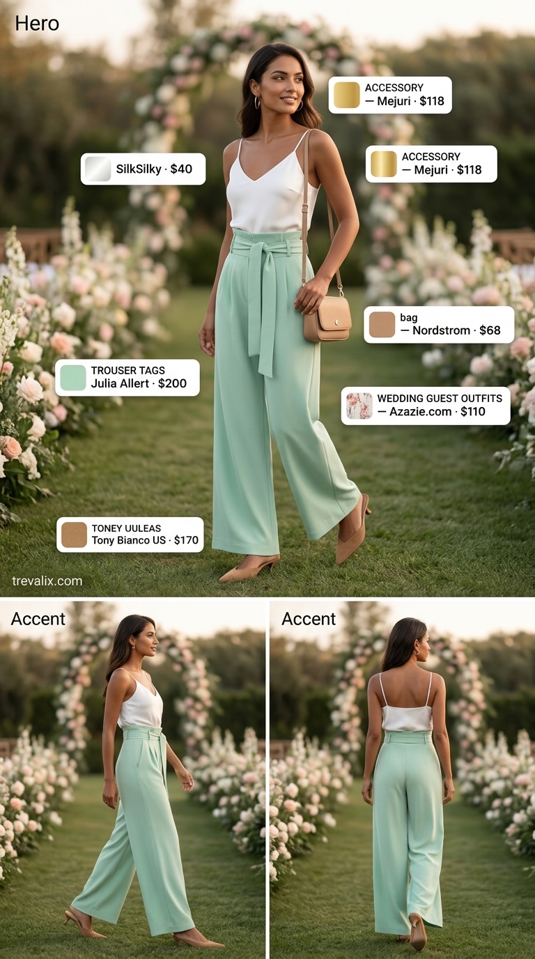 Pastel summer wedding guest outfit 2026: Mint green wide-leg pants with white silk camisole and tan mules.