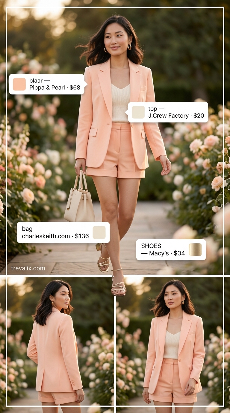 Pastel summer wedding guest outfit 2026: Peach linen blazer & shorts set with gold sandals for a daytime event.