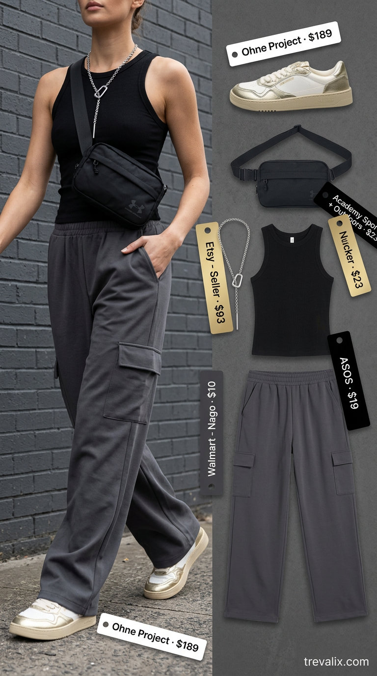 Y2K Cargo Chic outfit for women 2026: charcoal wide-leg pants, black ribbed tank, silver necklace.