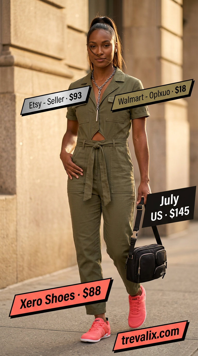 Y2K Cargo Jumpsuit for women 2026: khaki utility jumpsuit, black crossbody bag, silver necklace.