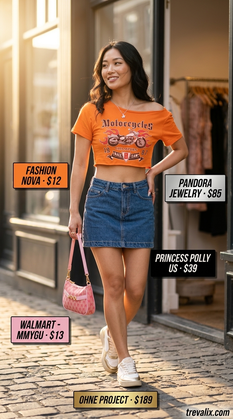 Y2K Denim Dream outfit for women 2026: denim mini skirt, orange graphic crop top, hot pink bag.