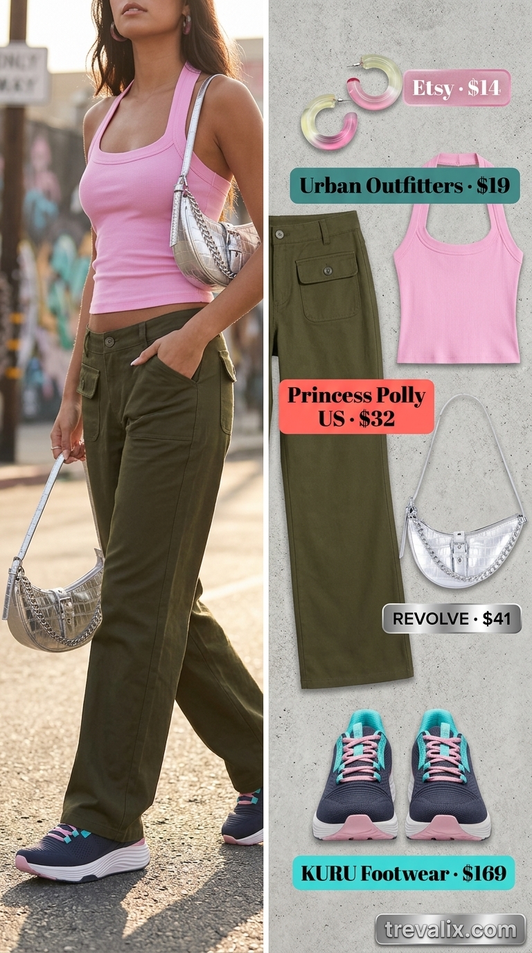 Y2K Festival Dream outfit for women 2026: olive cargo pants, baby pink halter top, silver bag.