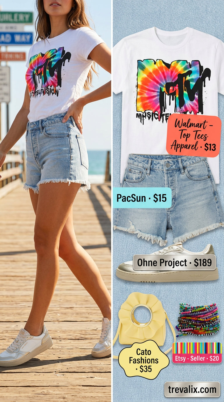 Y2K Roller Rink Ready outfit for women 2026: denim shorts, graphic tee, bright yellow crossbody bag.