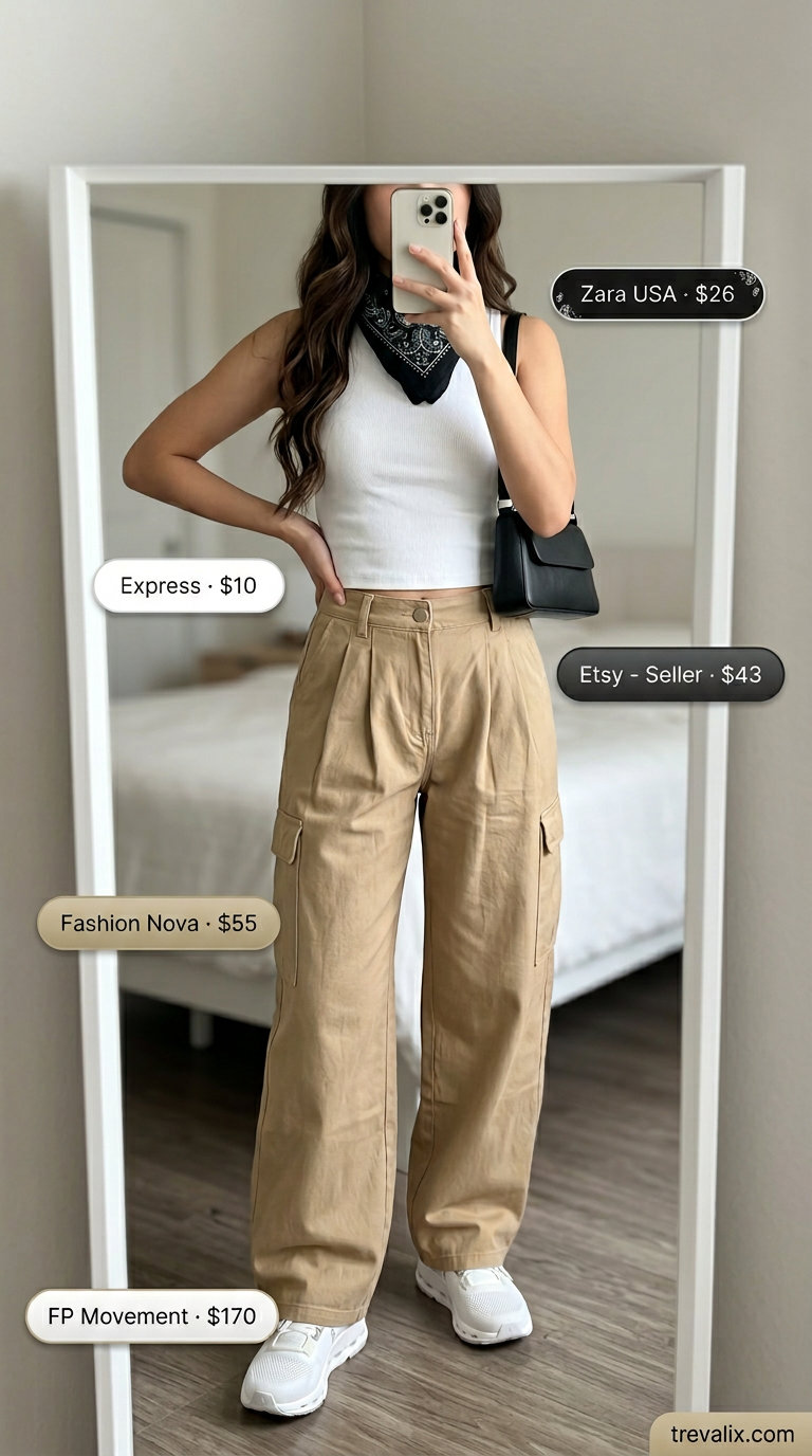 Platform Y2K summer outfits for women 2026: Khaki cargo pants, white ribbed tank, paisley bandana for casual street style.