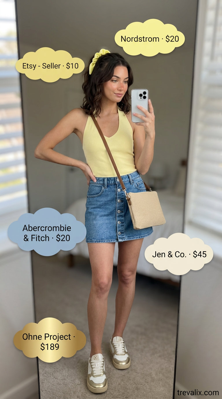 Platform Y2K summer outfits for women 2026: Denim mini skirt, pastel yellow halter top, straw bag for a retro vibe.