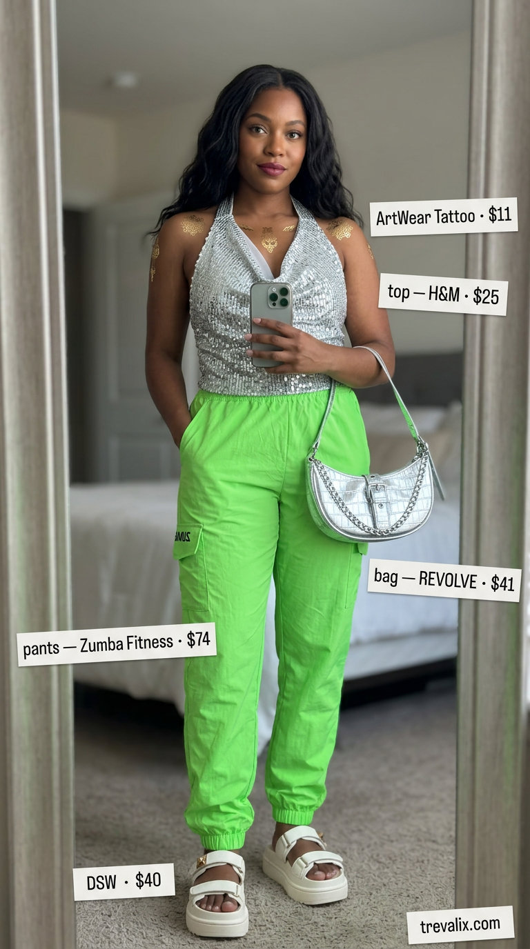 Platform Y2K summer outfits for women 2026: Lime green cargo pants, glitter halter top, chunky platform sandals for festival style.