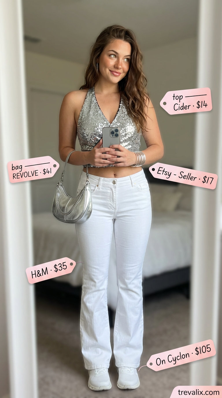 Platform Y2K summer outfits for women 2026: White glitter halter top, low-rise flare jeans, silver bangles for a night out.