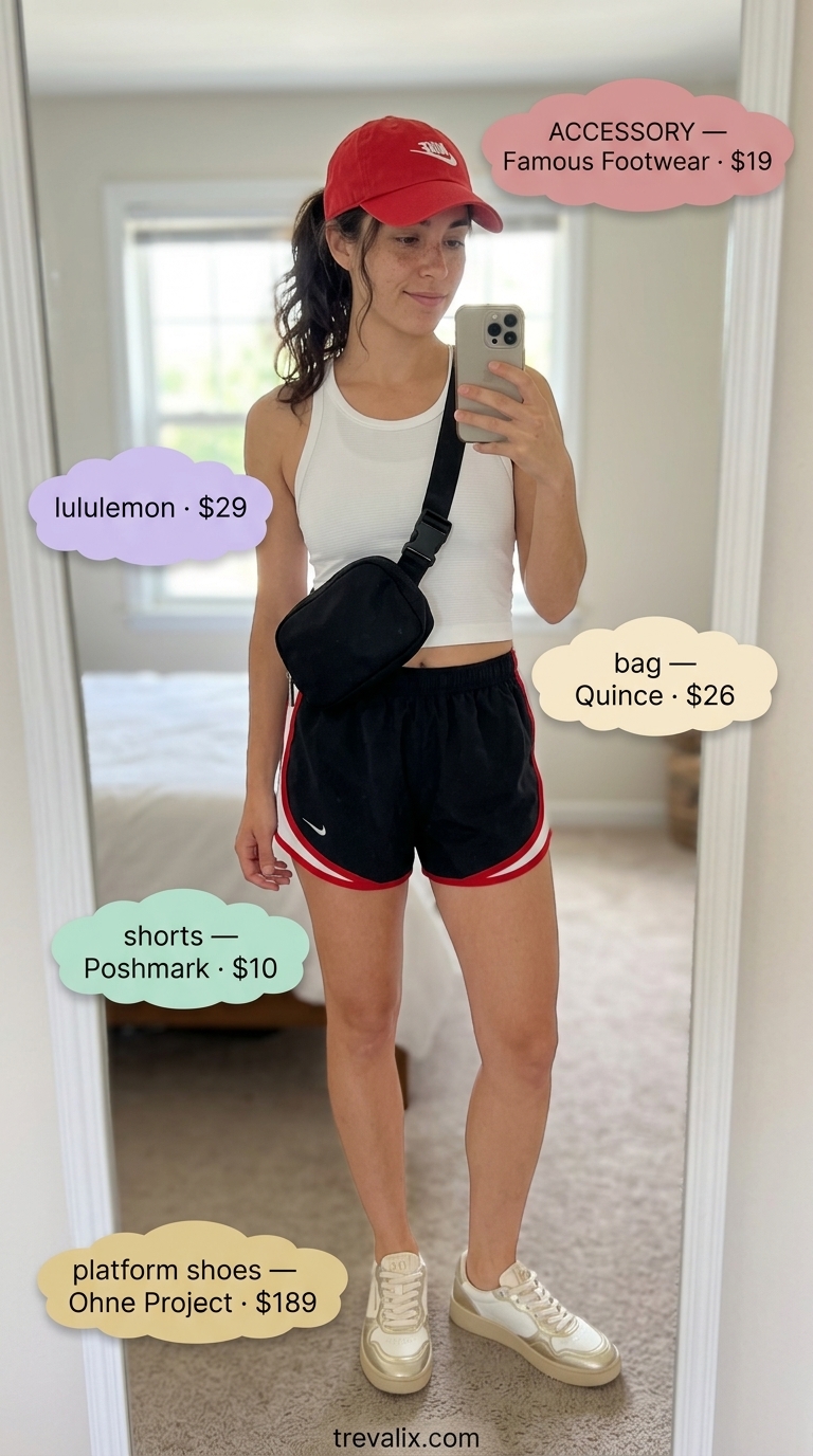Platform Y2K summer outfits for women 2026: Black athletic shorts, white cropped tank, red cap for sporty daytime looks.