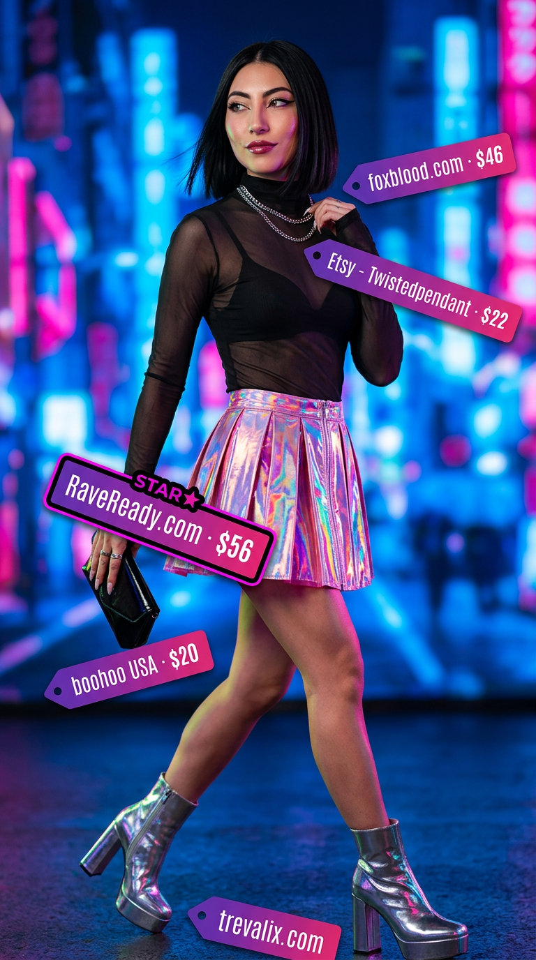 Cyber Rave Ready: Platform Y2K summer outfits for women 2026 with holographic skirt, mesh top, and silver boots.