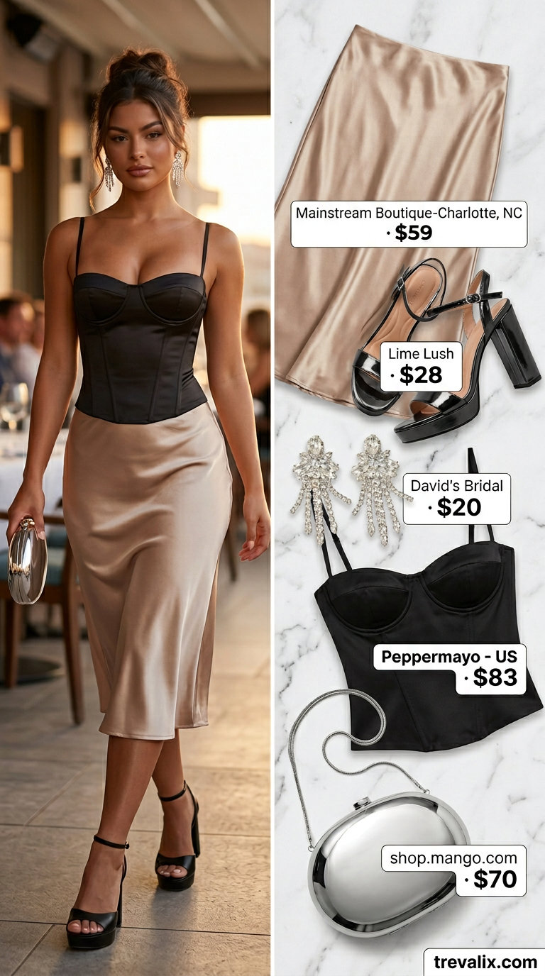 Y2K Date Night Sparkle: Platform Y2K summer outfits for women 2026 with corset top, satin skirt, and strappy heels.