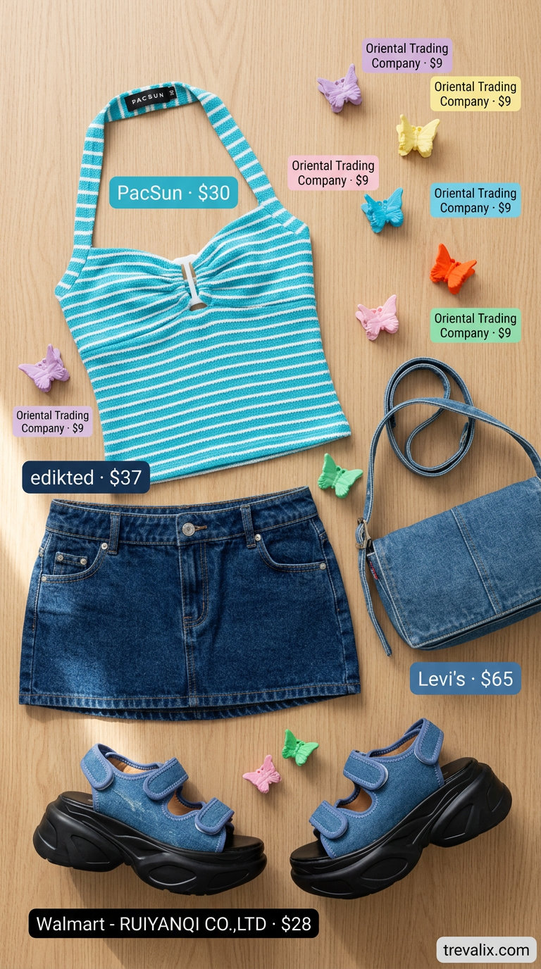 Y2K Denim Darling: Platform Y2K summer outfits for women 2026 with denim skirt, halter top, and platform sandals.