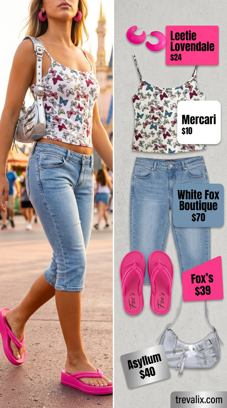 Y2K Summer Dream Pop: Platform Y2K summer outfits for women 2026 with butterfly top, denim capris, and platform flip-flops.