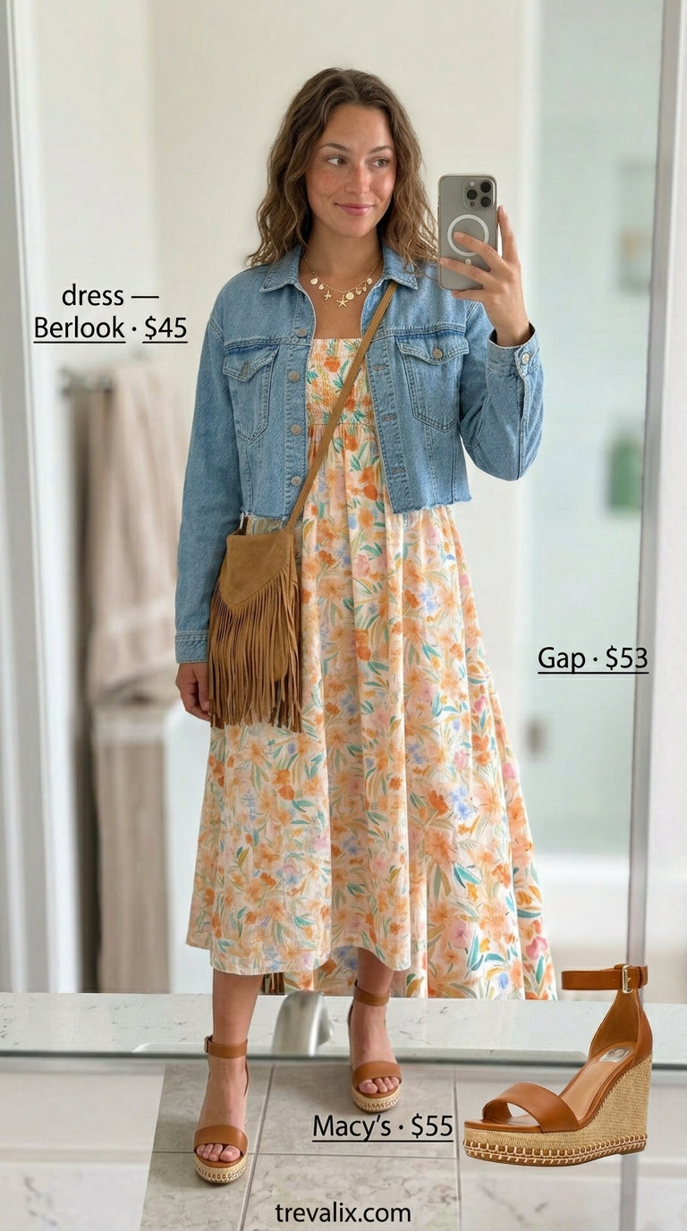 Y2K Festival Ready: Platform Y2K summer outfits for women 2026 with floral dress, denim jacket, and espadrilles.