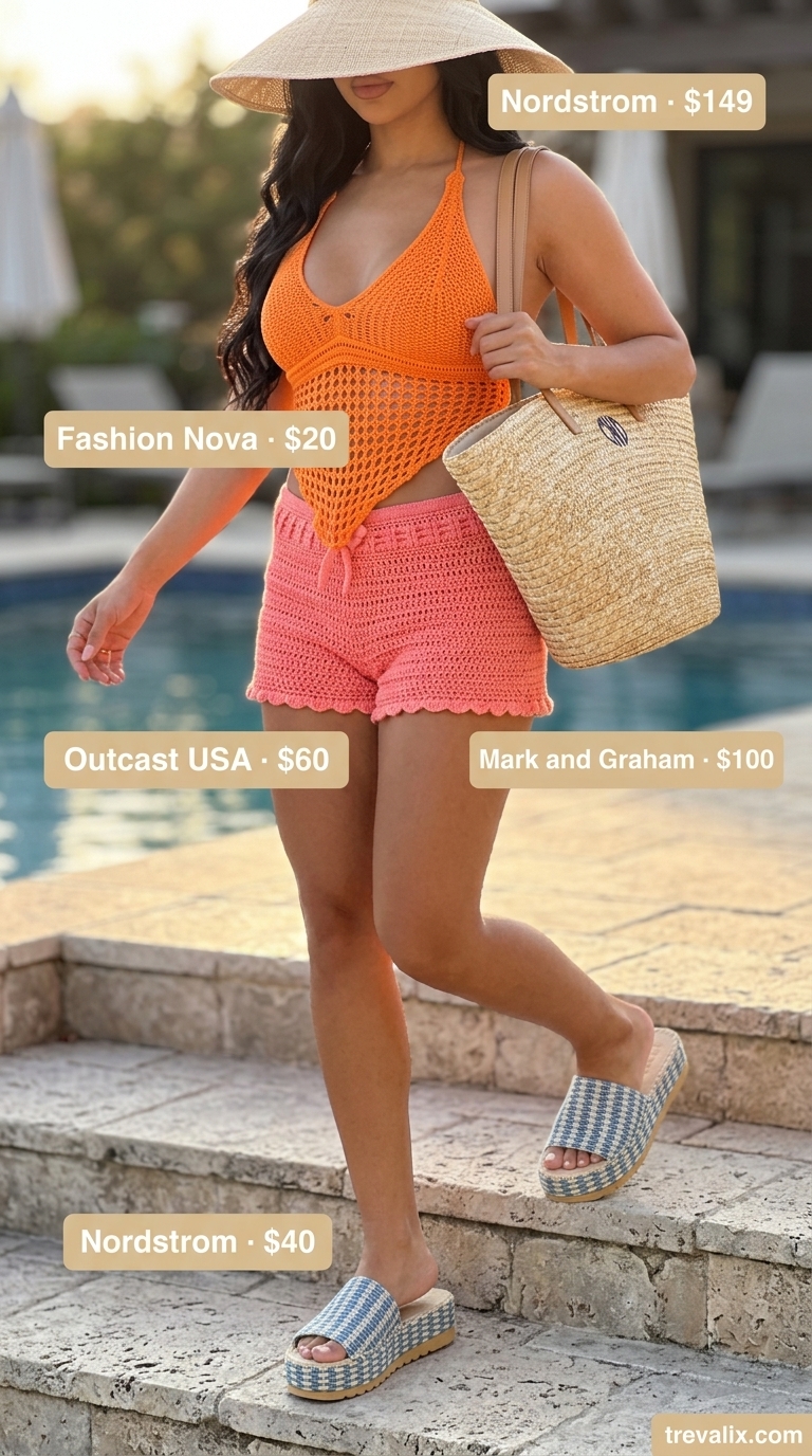 Poolside Y2K Chic: Platform Y2K summer outfits for women 2026 with crochet top, shorts, and turquoise slides.