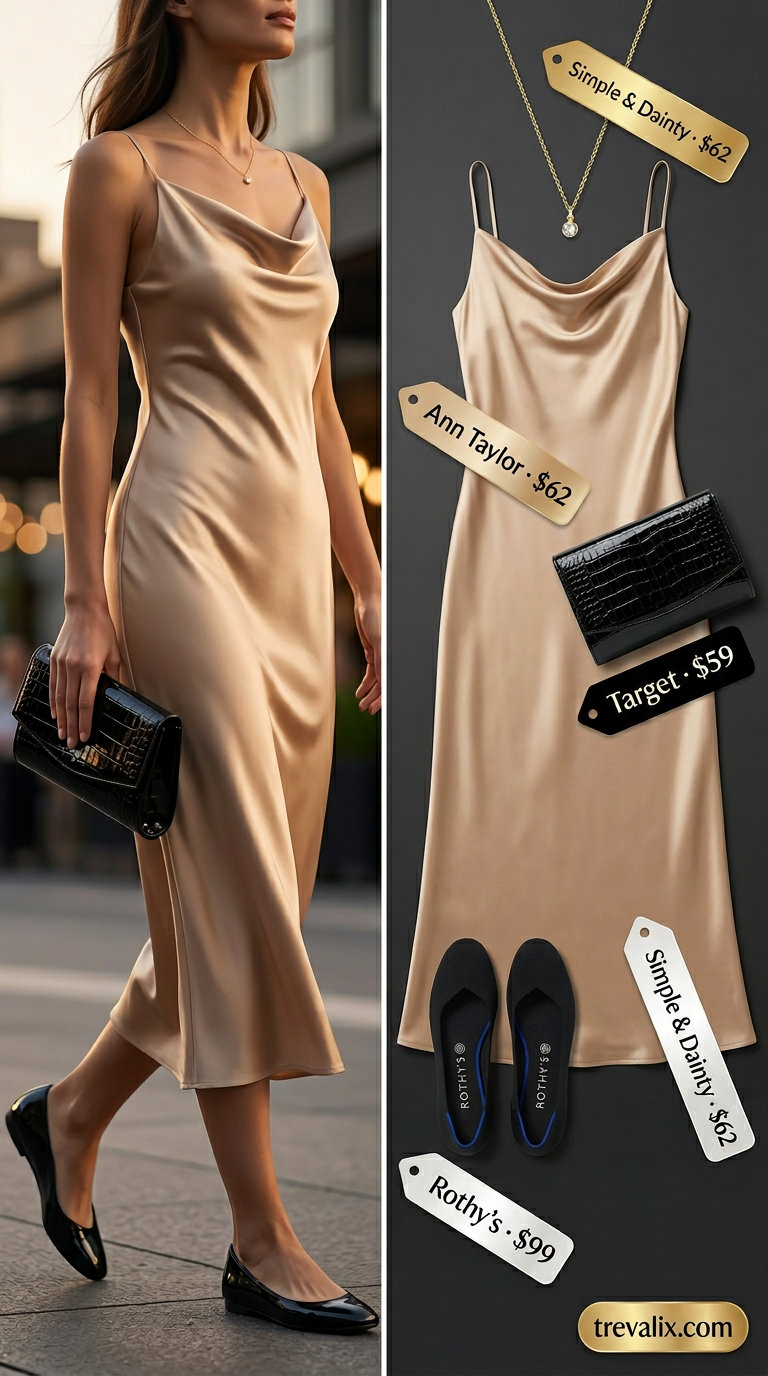Sunset Slip Dress: Glamorous Y2K summer outfits for women 2026 with satin slip dress and minimalist clutch.