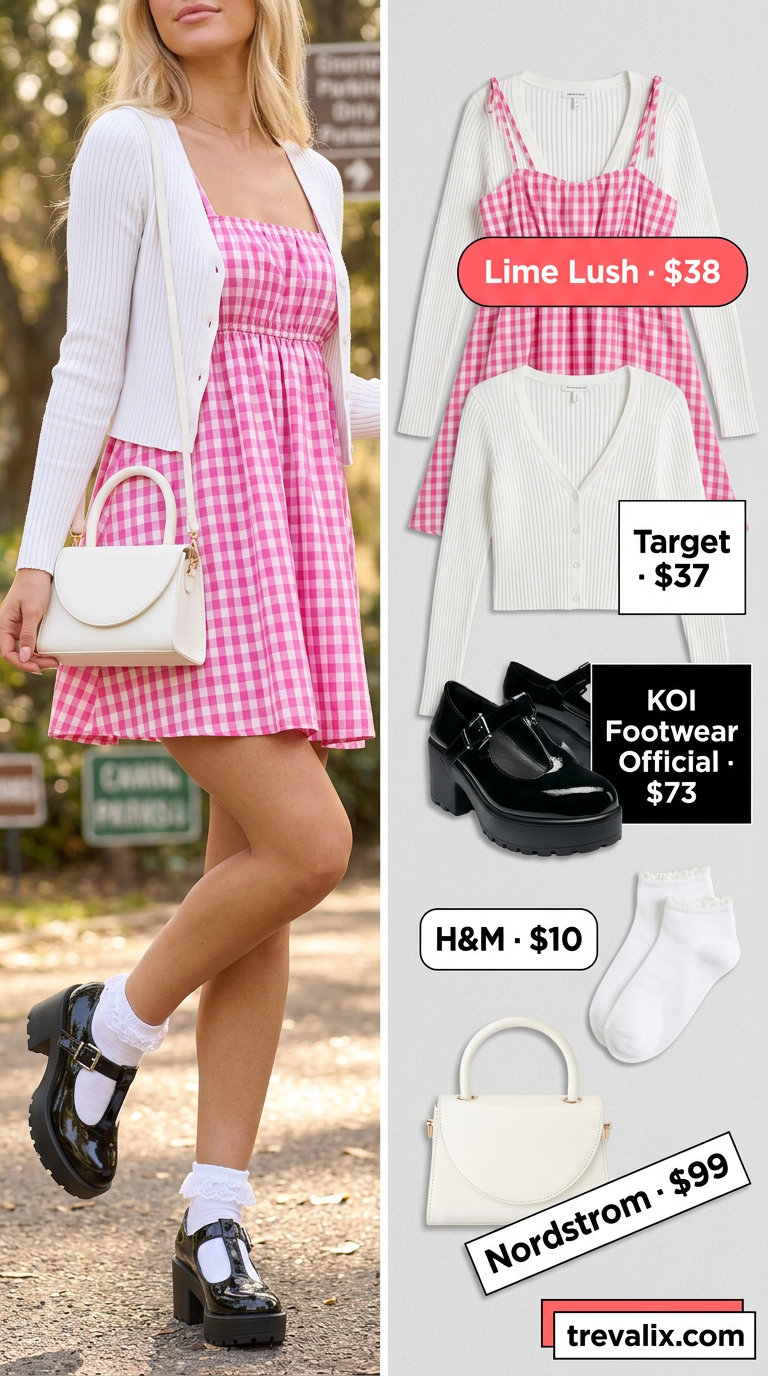 Y2K Sweetheart Summer: Platform Y2K summer outfits for women 2026 with gingham dress, cardigan, and Mary Janes.