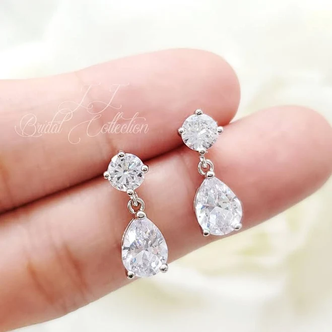 accessory 925 Silver Cubic Zirconia Tiny Teardrop Dangle Earrings Etsy - JJBridalCollection $13.41