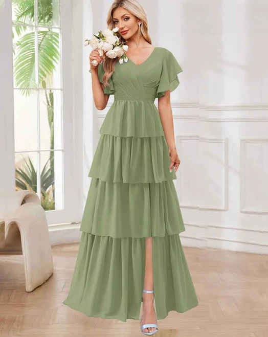 dress Alena Modest A-Line Tiered Ruffle Chiffon Bridesmaid Dress with Sleeves Pomuyoo $89