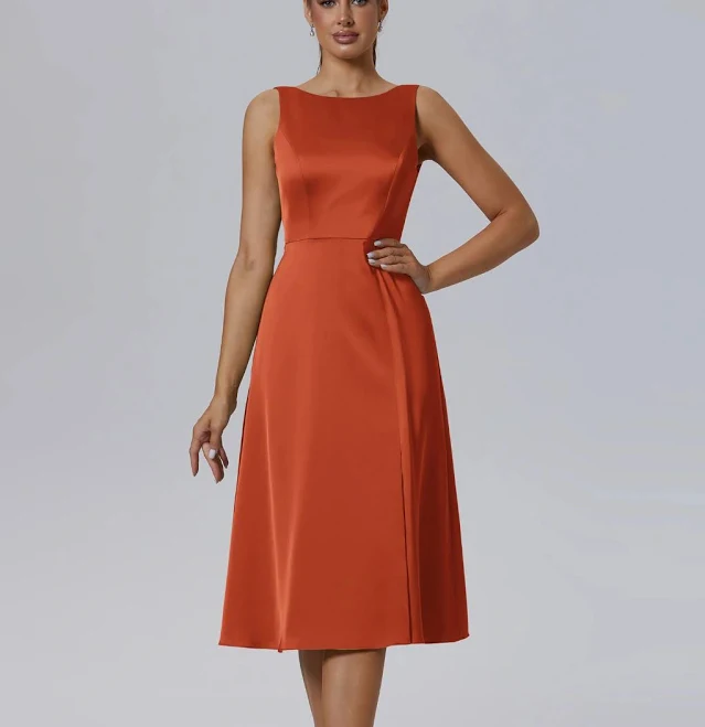 dress AW.Bridal A-line Bateau Neckline Tea Length Sleeveless Satin Bridesmaid Dresses Dress AW Bridal $85.49