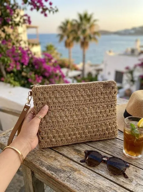 bag Boho Chic Straw Clutch Bag with Leather Wrist Strap Etsy - Seller $49