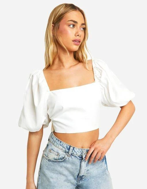 top Boohoo Puff Sleeve Square Neck Tie Back Crop Top Lyst $22
